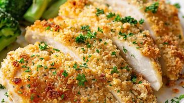 Golden baked parmesan-crusted chicken breasts on a serving platter, garnished with fresh parsley and lemon wedges, with a crispy breadcrumb coating.