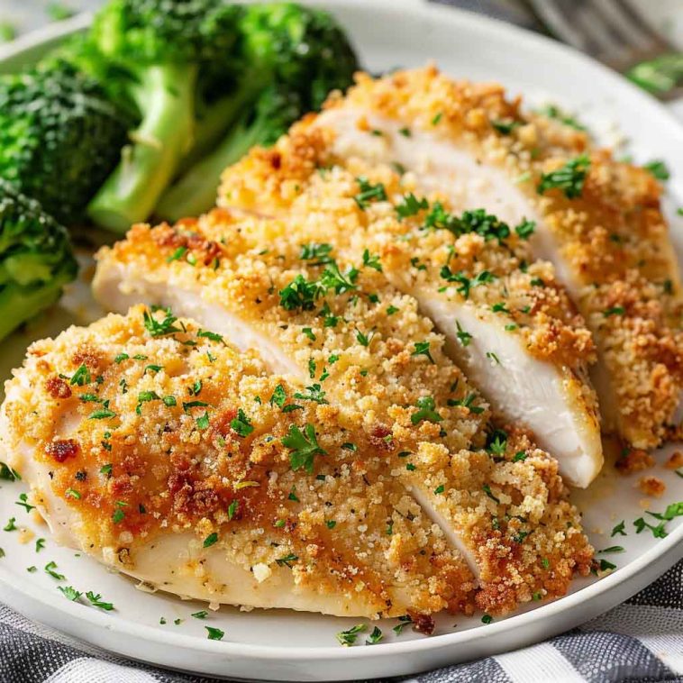 Golden baked parmesan-crusted chicken breasts on a serving platter, garnished with fresh parsley and lemon wedges, with a crispy breadcrumb coating.