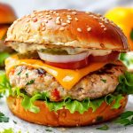 Grilled turkey burgers stacked with lettuce, tomato, red onion, and avocado on toasted buns, served with sweet potato fries and dipping sauce.