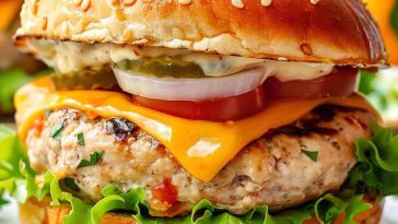 Grilled turkey burgers stacked with lettuce, tomato, red onion, and avocado on toasted buns, served with sweet potato fries and dipping sauce.