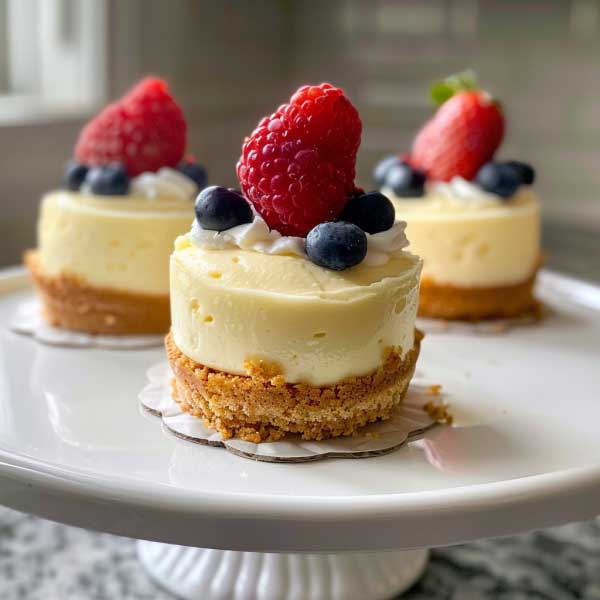 A tray of mini cheesecakes with golden graham cracker crusts, creamy filling, and assorted toppings like berries, chocolate drizzle, and whipped cream.