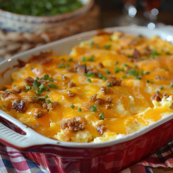 A golden-baked Amish breakfast casserole filled with eggs, sausage, hash browns, and melted cheese, sliced into squares and served on a rustic plate.