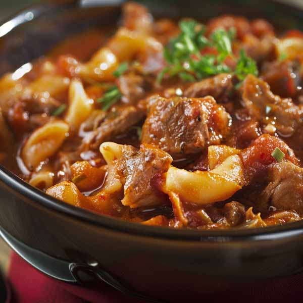 A steaming bowl of classic goulash with elbow macaroni, ground beef, tomatoes, and herbs, garnished with fresh parsley.