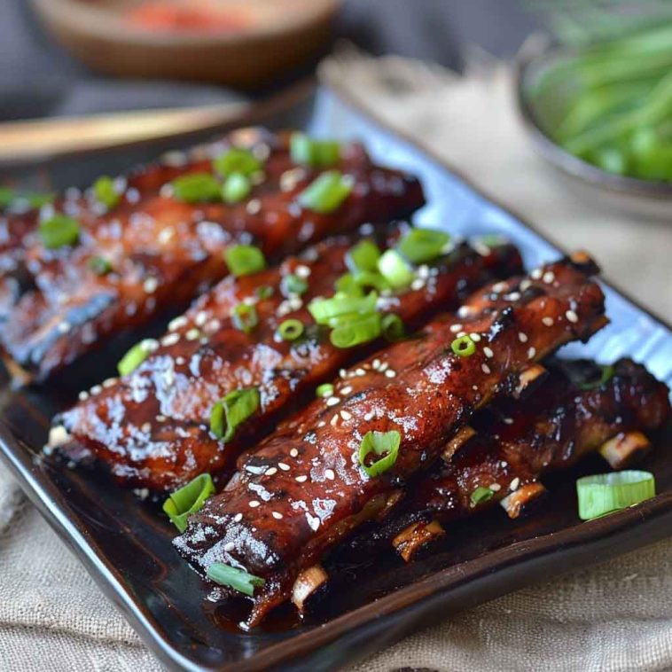 A plate of glistening Korean BBQ ribs garnished with sesame seeds and green onions, served with steamed rice and kimchi on a rustic wooden table.