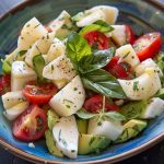 A colorful plate of hearts of palm and avocado salad with cherry tomatoes, red onion, and fresh herbs, drizzled with lemon vinaigrette and served on a white ceramic dish.