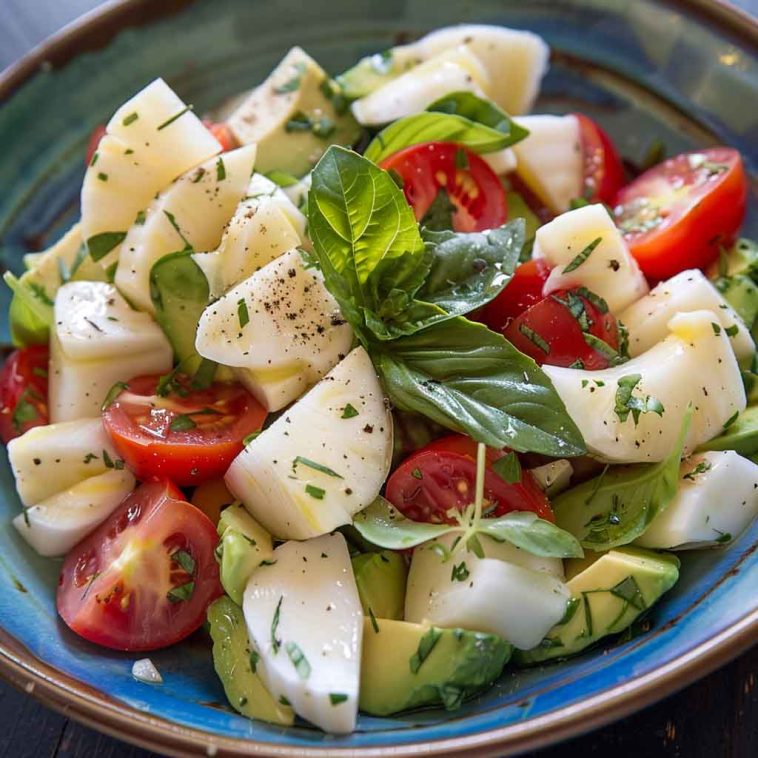 A colorful plate of hearts of palm and avocado salad with cherry tomatoes, red onion, and fresh herbs, drizzled with lemon vinaigrette and served on a white ceramic dish.