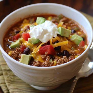 A bowl of slow cooker taco soup filled with ground beef, beans, corn, tomatoes, and topped with shredded cheese, sour cream, and tortilla strips.