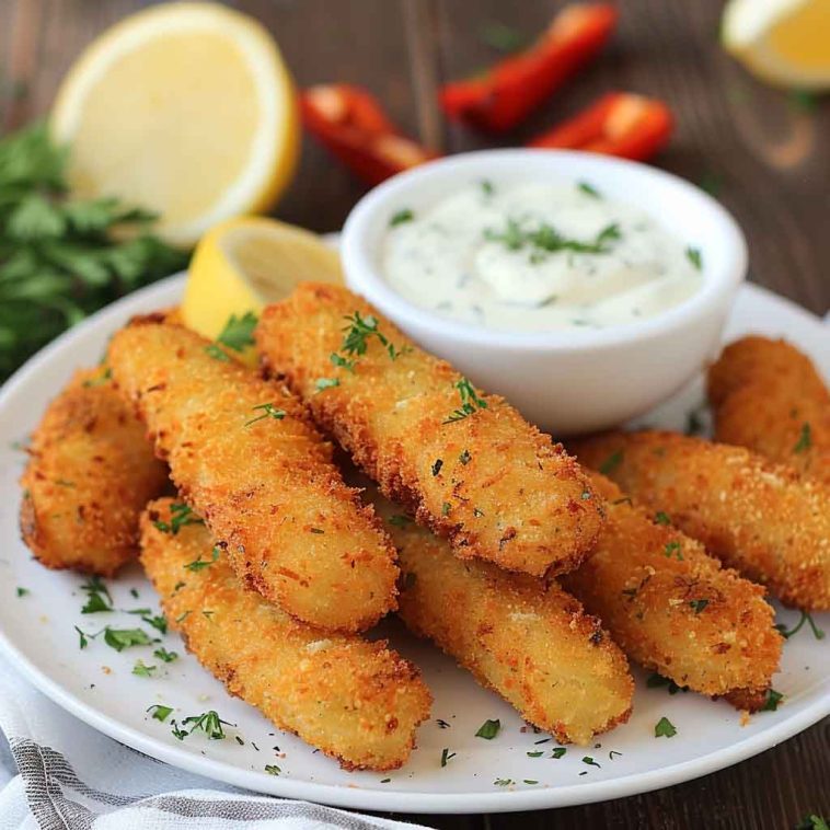 Golden homemade fish sticks served on a plate with lemon wedges, dipping sauce, and a sprinkle of fresh herbs.
