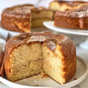A golden, fluffy cinnamon cake with a buttery crumb and cinnamon-sugar swirl, sliced and served on a rustic plate with a cup of coffee.