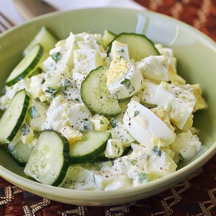 A bowl of creamy egg salad mixed with crisp cucumber slices, garnished with fresh dill and cracked black pepper.