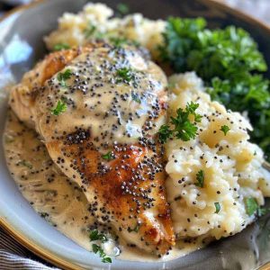 Poppy seed chicken casserole with golden cracker topping served in a baking dish with fresh herbs.