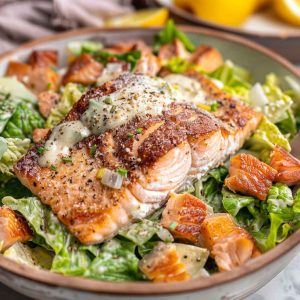 Salmon Caesar Salad with grilled salmon fillet, crisp romaine lettuce, parmesan cheese, crunchy croutons, and creamy Caesar dressing, served in a rustic bowl.
