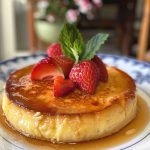 A smooth, golden Spanish flan topped with glossy caramel sauce, served on a white dessert plate.