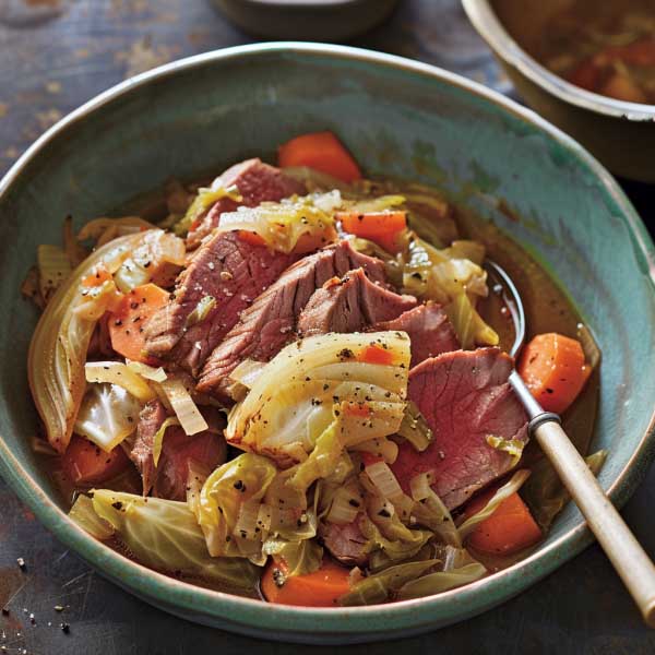 A rustic plate of slow-cooked corned beef slices served with tender cabbage, carrots, and potatoes, garnished with parsley.