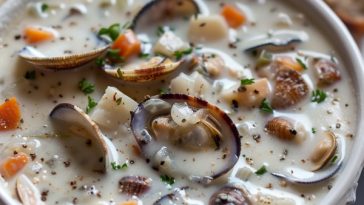 Creamy clam chowder with potatoes and clams in a rich soup bowl.