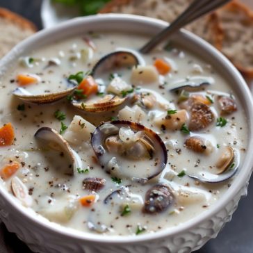 Creamy clam chowder with potatoes and clams in a rich soup bowl.