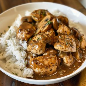 Chicken Marsala served over white rice with a rich mushroom wine sauce and fresh herbs.