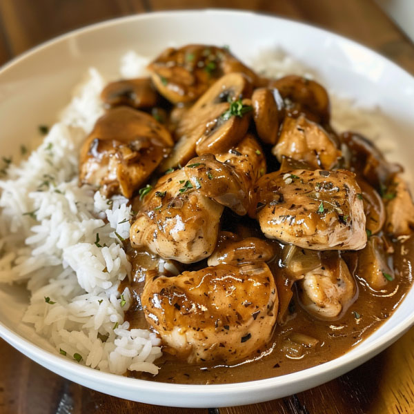 Chicken Marsala served over white rice with a rich mushroom wine sauce and fresh herbs.