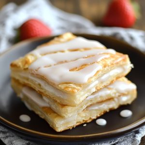 Homemade toaster strudel with flaky pastry, sweet fruit filling, and icing drizzle on top.
