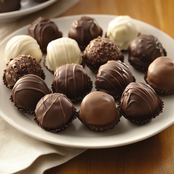 Homemade chocolate truffles rolled in cocoa powder and sprinkles, displayed elegantly on a dessert platter.