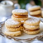 Soft alfajores sandwich cookies filled with creamy dulce de leche, dusted with powdered sugar and served on a rustic plate.