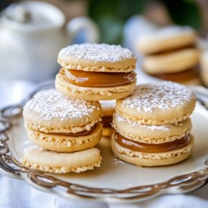 Soft alfajores sandwich cookies filled with creamy dulce de leche, dusted with powdered sugar and served on a rustic plate.