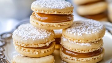 Soft alfajores sandwich cookies filled with creamy dulce de leche, dusted with powdered sugar and served on a rustic plate.