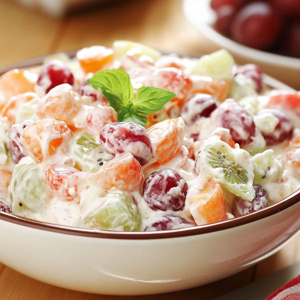 Creamy grape fruit salad made with fresh grapes, pineapple, and a sweet cream dressing served in a chilled bowl.
