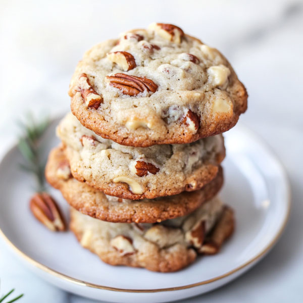 Cream cheese pecan cookies baked golden brown, with a soft, buttery texture and crunchy pecan pieces.