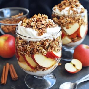 Apple cinnamon granola parfait layered with creamy yogurt, spiced apples, crunchy granola, and a drizzle of honey.