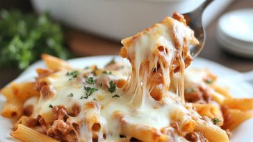 Cheesy baked mostaccioli pasta casserole with marinara sauce, melted mozzarella, and fresh basil served hot from the oven.