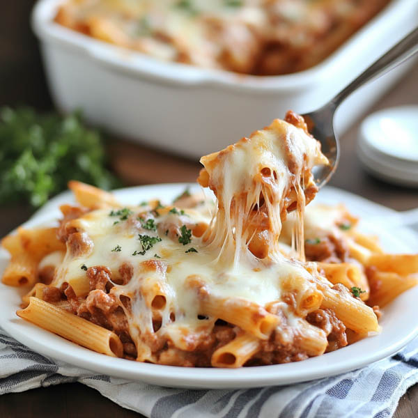 Cheesy baked mostaccioli pasta casserole with marinara sauce, melted mozzarella, and fresh basil served hot from the oven.