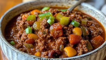 "A hearty bowl of sloppy joe stew with ground beef, beans, tomatoes, and savory sauce."