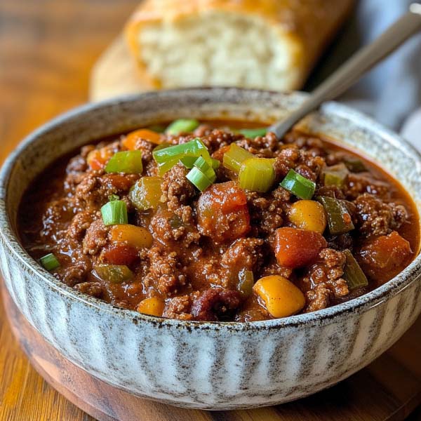 "A hearty bowl of sloppy joe stew with ground beef, beans, tomatoes, and savory sauce."