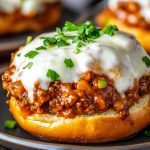 "Buffalo sloppy joes served on toasted buns with melted cheese and a spicy buffalo sauce glaze."