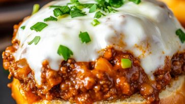 "Buffalo sloppy joes served on toasted buns with melted cheese and a spicy buffalo sauce glaze."