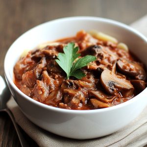 "A bowl of slow cooker beef and mushroom ragù served over pasta, garnished with fresh parsley and parmesan."