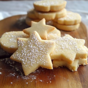 Buttery shortbread cookies with a golden crumb, lightly dusted with sugar and arranged on a plate.
