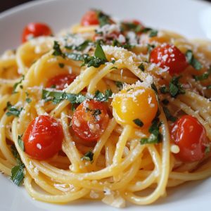 Cherry tomato pasta with roasted tomatoes, garlic, and herbs tossed with pasta in a light flavorful sauce.