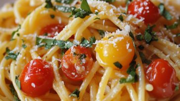Cherry tomato pasta with roasted tomatoes, garlic, and herbs tossed with pasta in a light flavorful sauce.