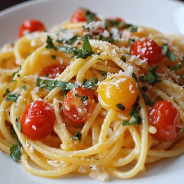Cherry tomato pasta with roasted tomatoes, garlic, and herbs tossed with pasta in a light flavorful sauce.