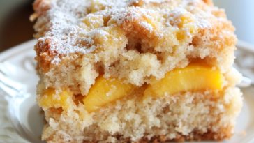 Peach coffee cake with crumb topping served on a plate
