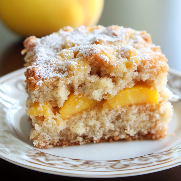 Peach coffee cake with crumb topping served on a plate