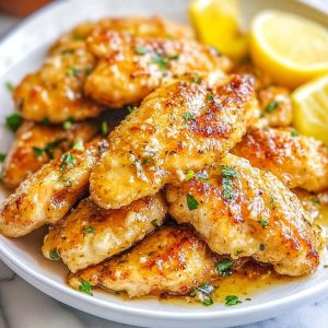 Golden chicken tenders drizzled with lemon butter sauce, garnished with fresh parsley and lemon slices on a serving plate.