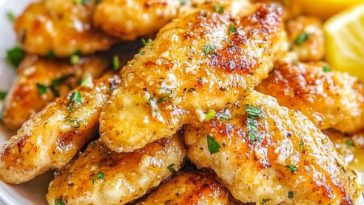 Golden chicken tenders drizzled with lemon butter sauce, garnished with fresh parsley and lemon slices on a serving plate.
