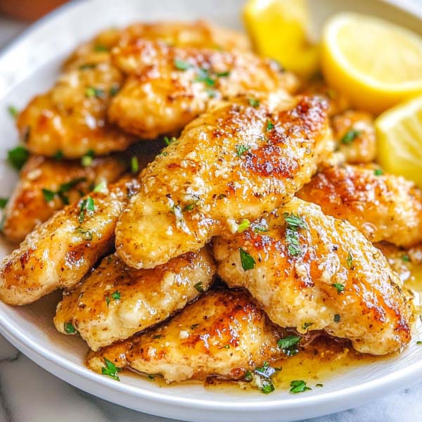 Golden chicken tenders drizzled with lemon butter sauce, garnished with fresh parsley and lemon slices on a serving plate.