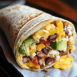Breakfast burrito filled with scrambled eggs, crispy bacon, melted cheese, and fresh salsa wrapped in a warm tortilla.