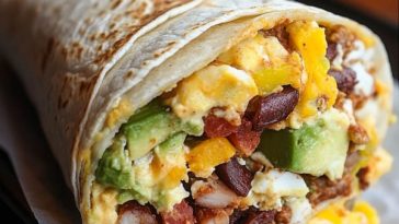 Breakfast burrito filled with scrambled eggs, crispy bacon, melted cheese, and fresh salsa wrapped in a warm tortilla.