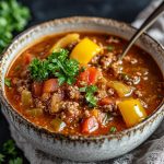 Cozy stuffed pepper soup with ground beef, rice, bell peppers, tomatoes, and herbs simmered in a hearty broth.