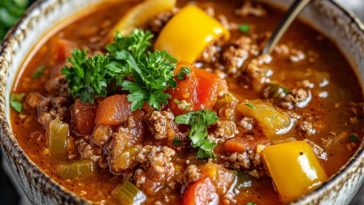 Cozy stuffed pepper soup with ground beef, rice, bell peppers, tomatoes, and herbs simmered in a hearty broth.
